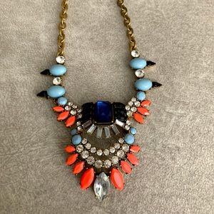 J. Crew statement necklace bright orange, pastel/royal blues, and clear diamonds